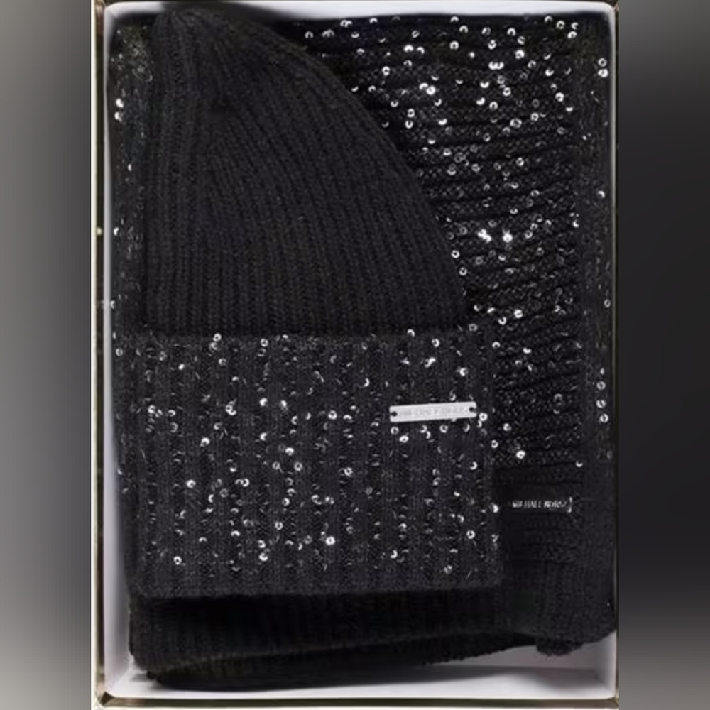 NEW MICHAEL MICHAEL KORS BLACK SEQUIN LINKS SCARF AND CUFF HAT BOX SET